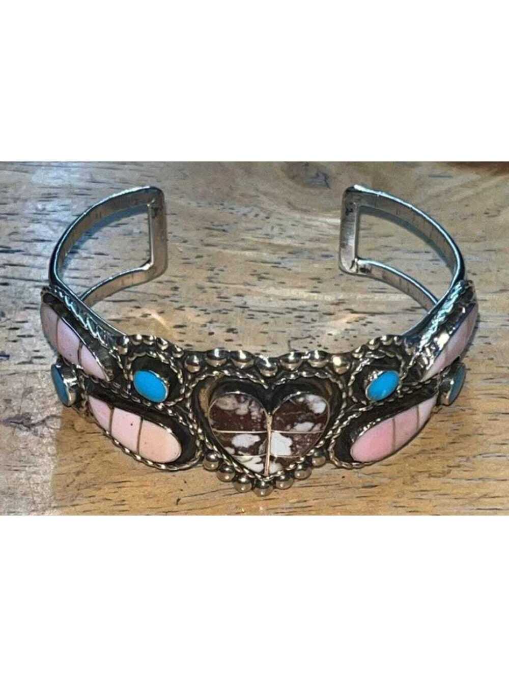 Zuni turquoise, wild horse , pink conch inlay sterling silver heart